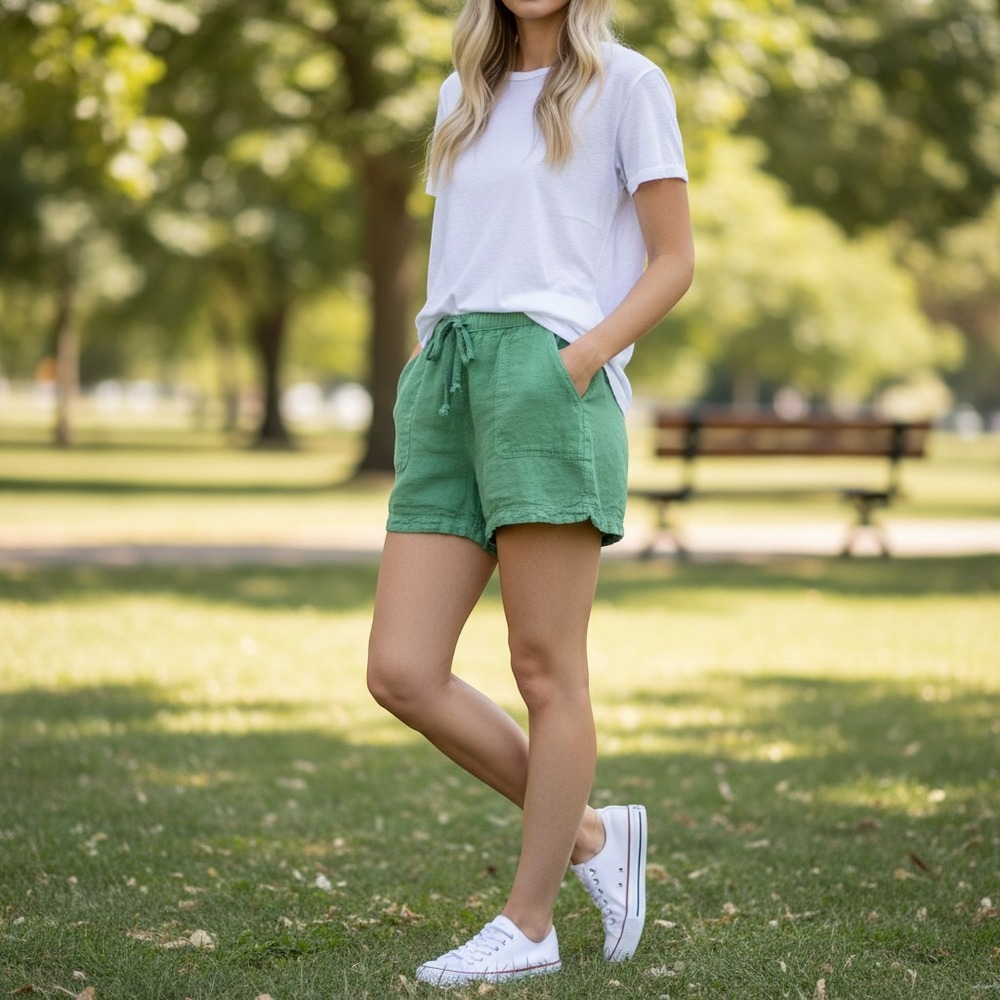 Nicole Miller New York linen Shorts Womens XL Green Drawstring Pull-On Casual